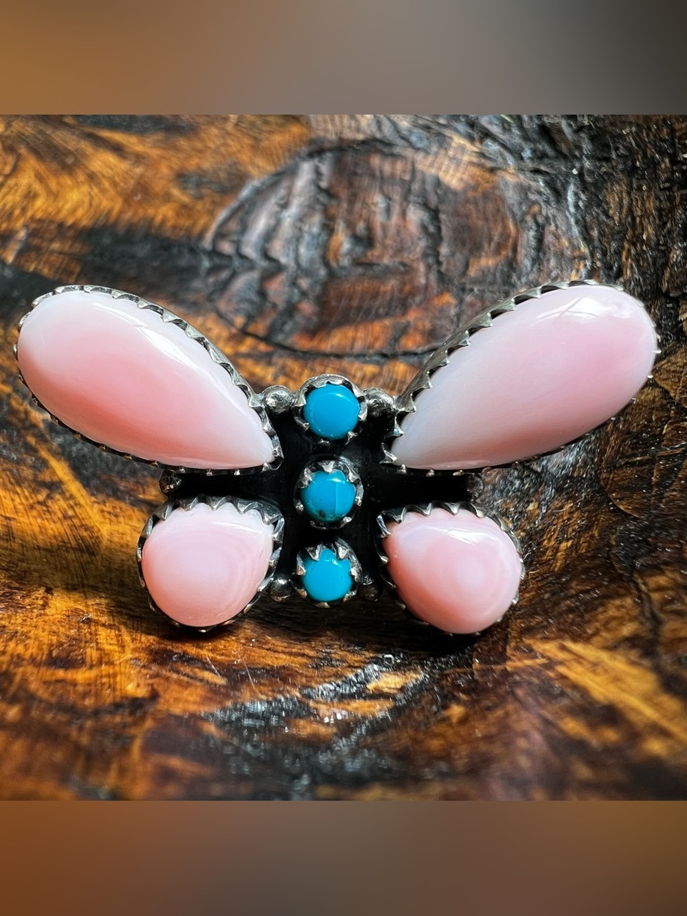 Pink Conch Kingman Turquoise Butterfly Ring Sterling Size 8